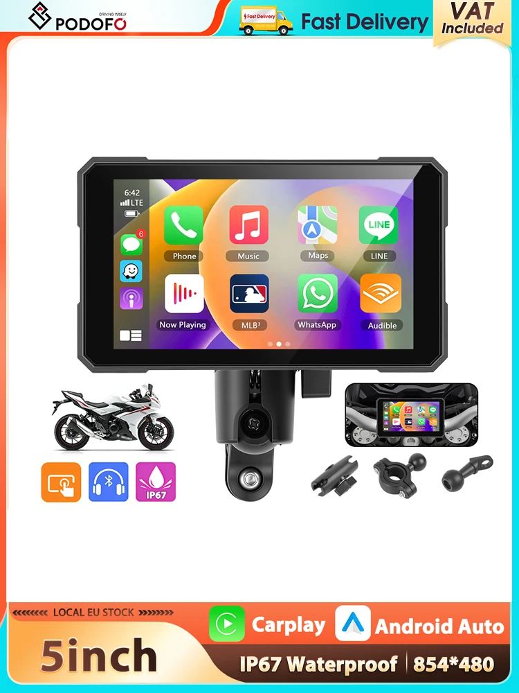 Podofo 5'' Touchscreen Motorrad Carplay Android Auto Smart Screen Player IP67 Wasserdicht Automatische Helligkeit Tragbarer Motorrad-Player