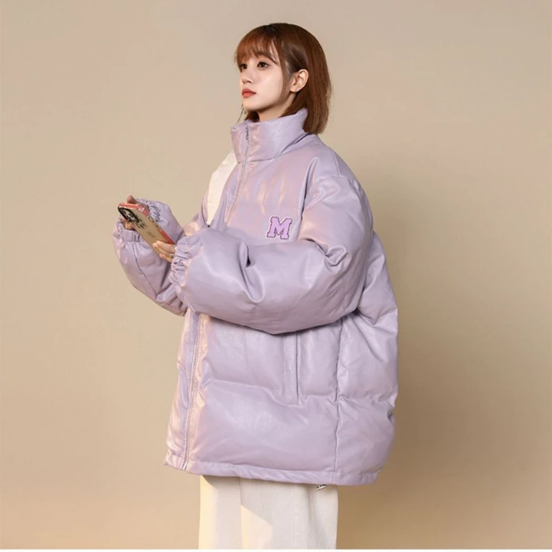 

Winter Coat Cotton Jacket Women's Pink PU Leather Loose Stand Collar Warm and Thickened 2022 New Style Coat Women Winter Jacket