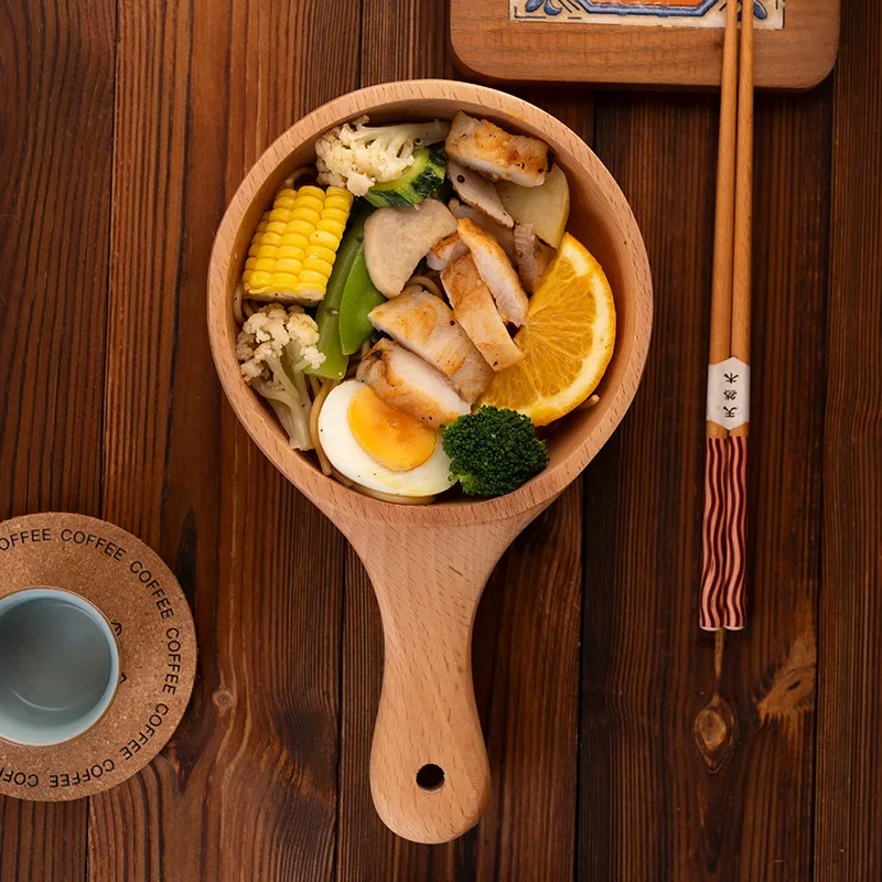 

Beech Wood Salad Bowl with Handle Pasta Snack Fruit Bowl Japanese Style Serving Dishes Wooden Plate for Food Kitchen Tableware