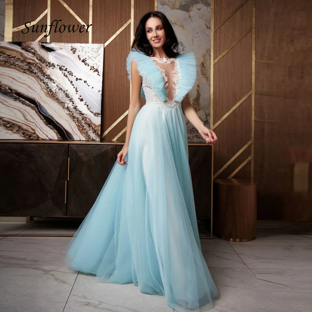 

Sunflower Sky Blue V-Neck Lace A-LINE Formal Evening Dress Saudi Arabia 2024 Backless Slim Beading Tulle Floor-Length Prom Dress