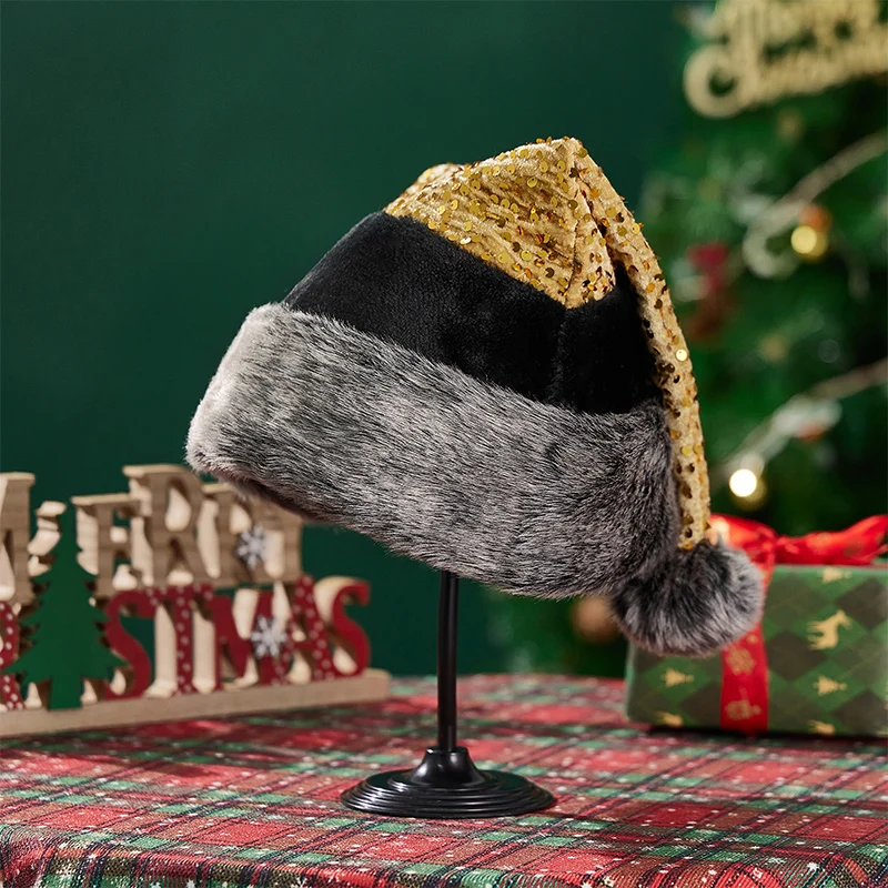 Golden Sequin Contrast Short Plush Splicing Christmas Hat Halloween COS Decorative Pullover Hat Decorative Hat