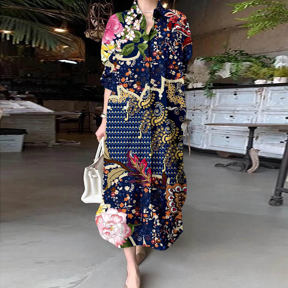 

2024 Summer Chic Women's Floral Print Shirt Collar Dresses Temperament Button Cardigan Mid-Calf Dress Office Lady Commuter Dress