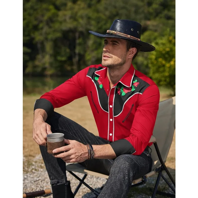 Men's Western Cowboy Shirt Long Sleeve Slim Fit Rose Embroidered Cotton Casual Button Down Shirts Fashion Street Dance Shirt view 4