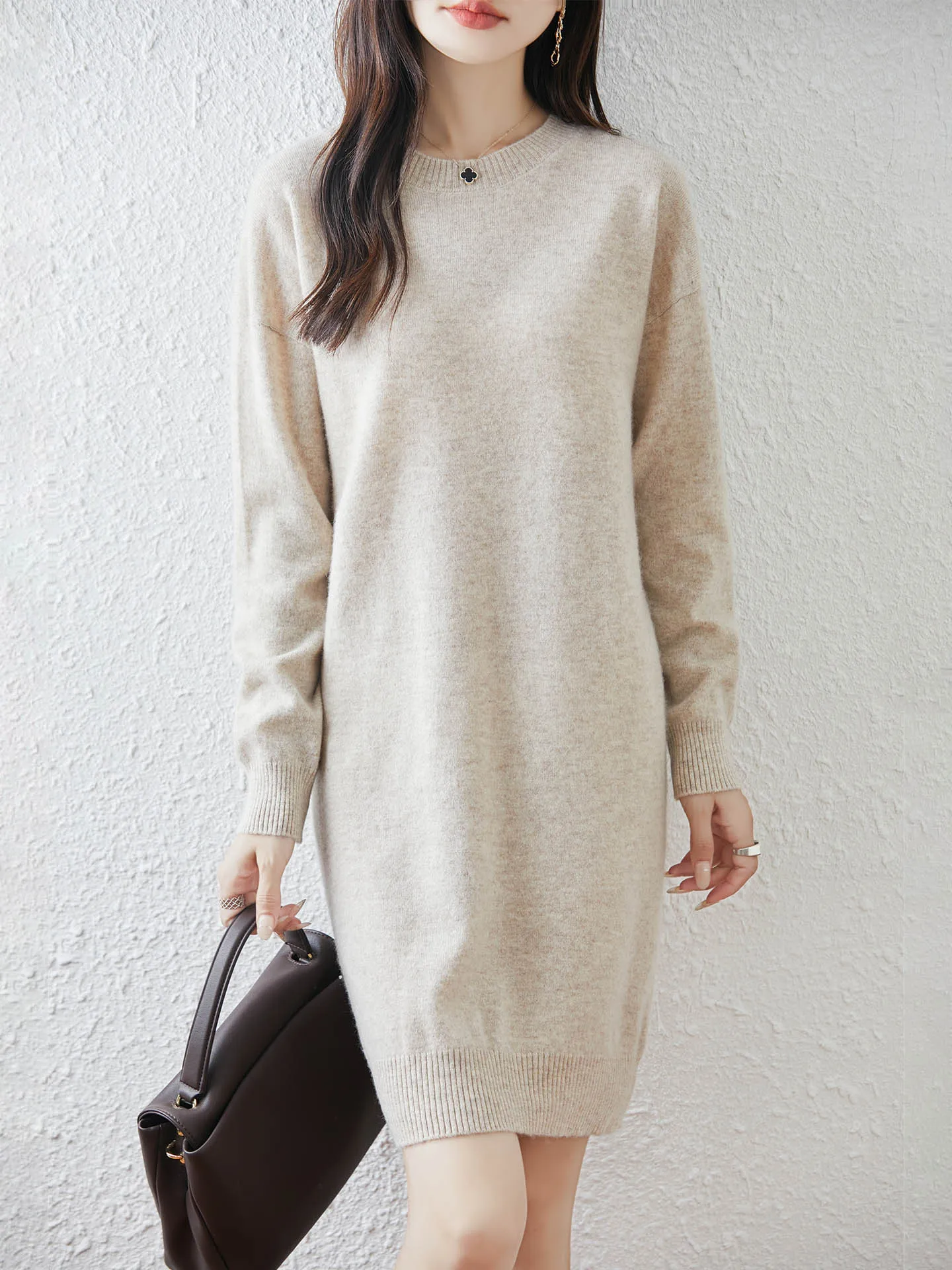 Maglione ampio da donna in lana merino girocollo Camicia sopra la testa in cashmere di media lunghezza Maglieria morbida e confortevole per l'autunno inverno