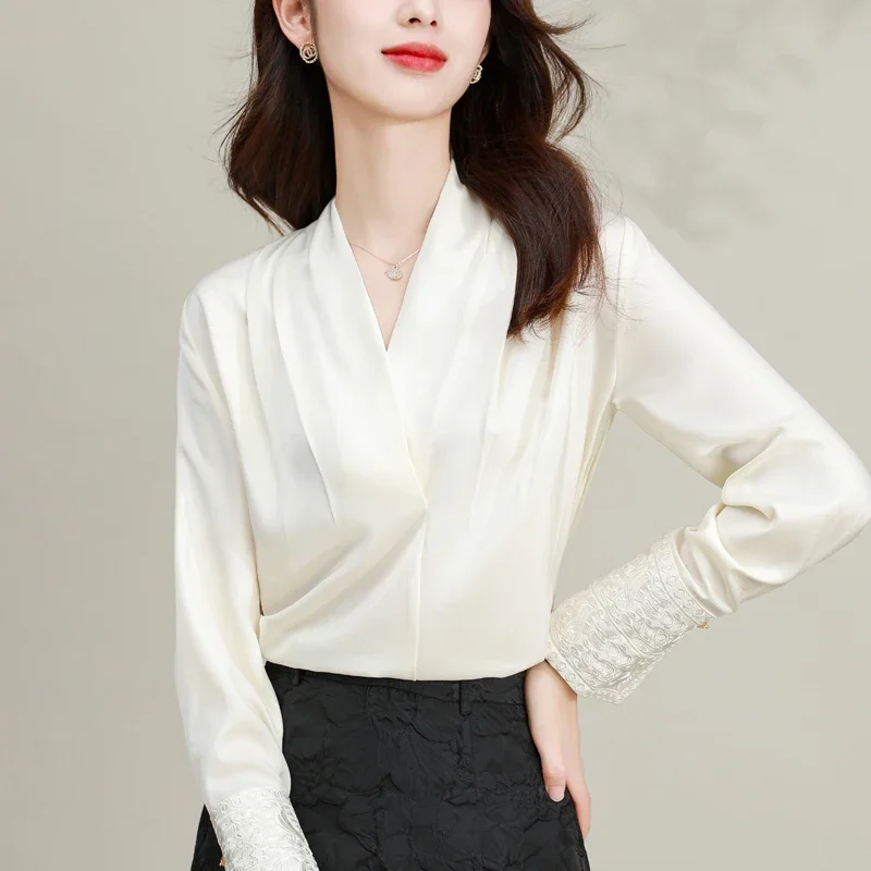 Women's Chinese Style Satin Shirt, Silk Vintage Blouses, Solid Clothing, Loose, Spring, Summer, V-Neck Women Tops