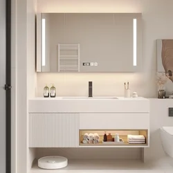 Tocador de baño moderno y sencillo, combinación de placa de roca, mueble de baño integrado, lavabo, mueble con espejo con luz inteligente, muebles de lujo