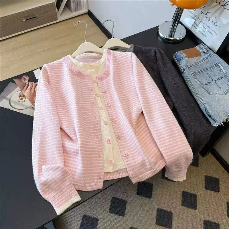 Women Sweet Striped Cardigan Contrast Placket Knit Sweater Pink O Neck Long Sleeve Layered Fashion Preppy Style Top