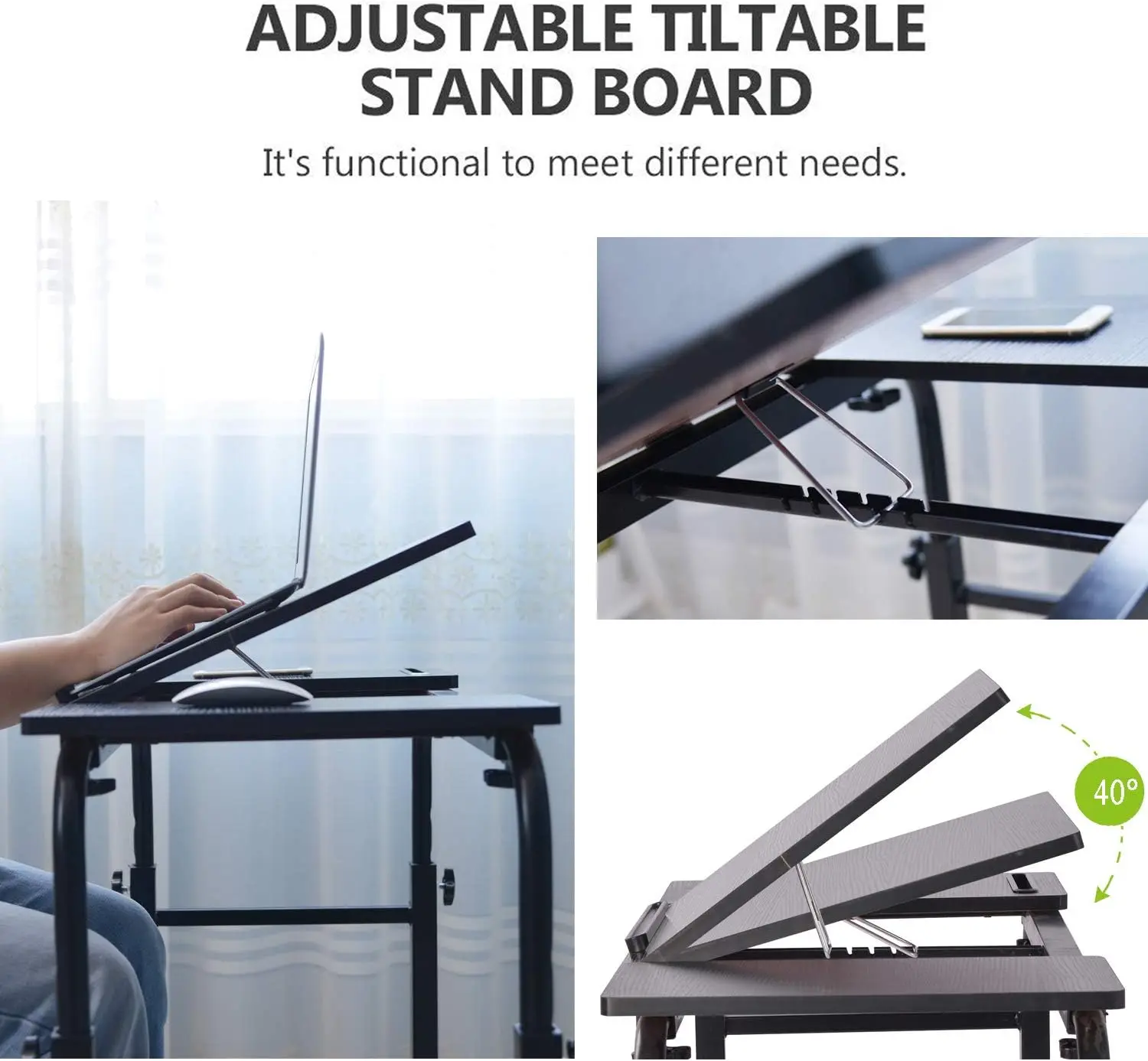 Adjustable Overbed Table with Wheels, Height & Length Adjustable, Tilt Board for Laptop Desk, Hospital Home Use
