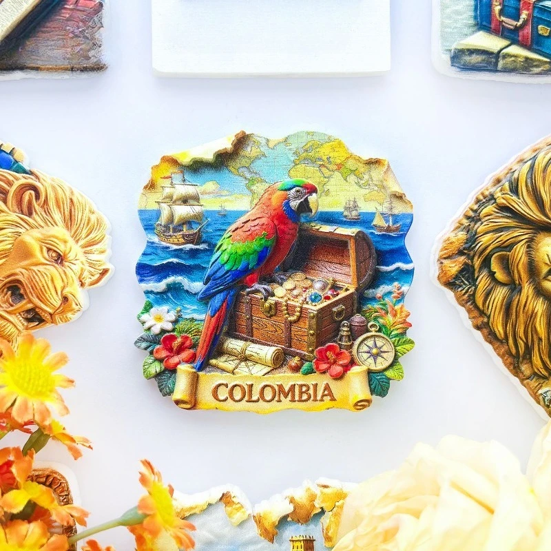 Colombia Map Fridge Magnet - Adventurous 3D Treasure Parrot Souvenir Unique Caribbean Gift for Travel & Explorer's Decor