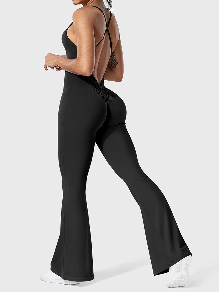 2024 Spring and Summer New Women\'s Pure Color Backless Cross Sling Hip Pants Sexy Slim Yoga Wear Flared Pants