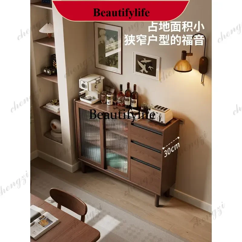 Solid wood dining side cabinet small apartment 30CM ultra-narrow locker walnut color ultra-narrow coffee cabinet d178