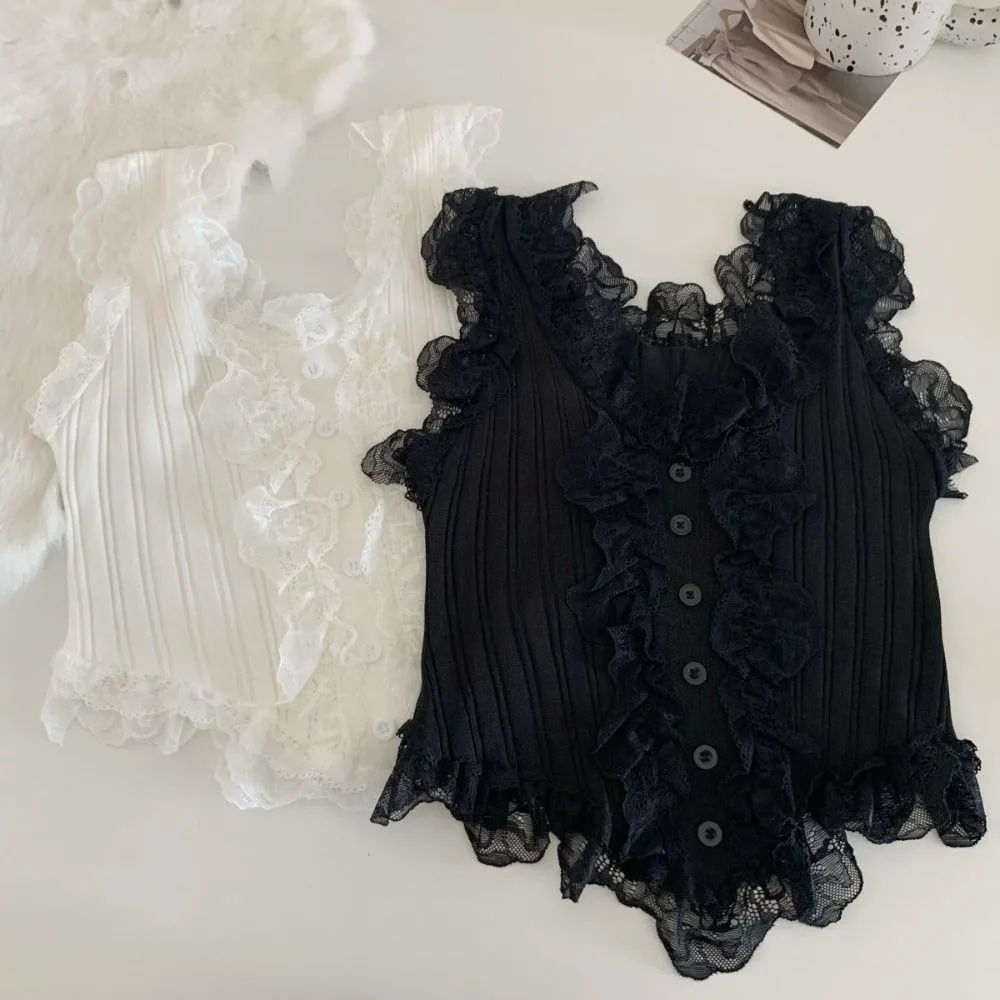 Top corto de punto de encaje Y2k para mujer, chaleco de punto de estilo coreano, camiseta interior sin mangas, camisola de verano