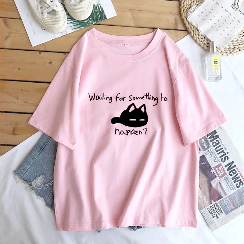 Waiting for Something To Happen Omori Cat Print Women T-shirt Shirt Harajuku Short Sleeve O-neck T-shirt Tee Tops Clothing