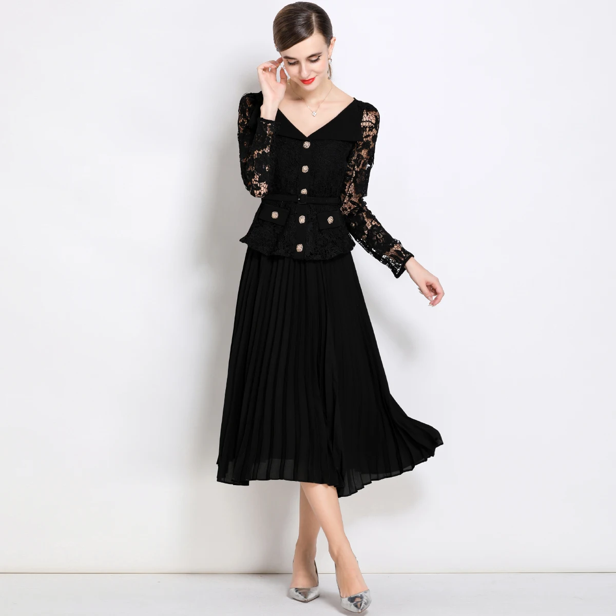 Automne piste fleur broderie dentelle Patchwork robe de bal femmes été automne à manches longues ceinture Midi longues robes de soirée