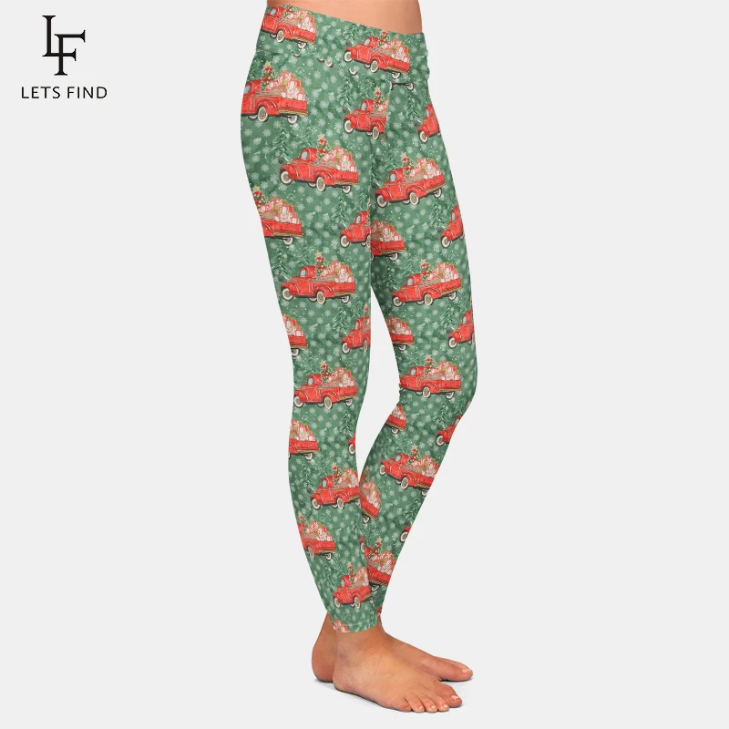 LETSFIND Winter High Waist New Christmas 3D Red Truck on Green Pattern Digital Print Fitness Pants Womens Soft Elastic Leggings