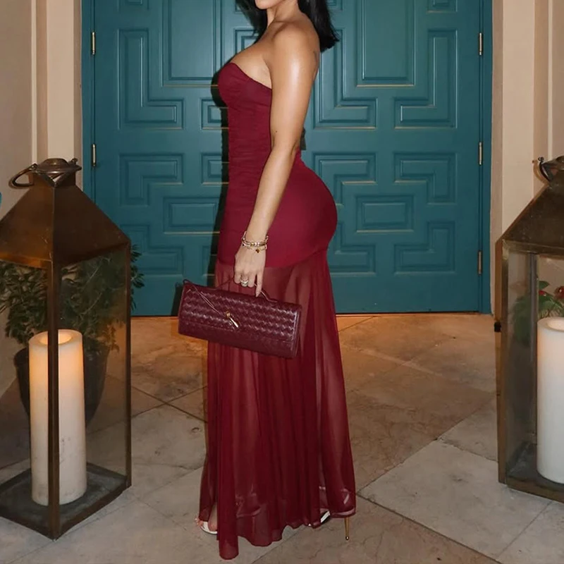 OMSJ หญิงแฟชั่นเซ็กซี่ใหม่ยืดหยุ่น Strapless ตาข่าย Sheer Backless ห่อสะโพก Bodycon จีบยาวแยกชุด Solid Party Wear