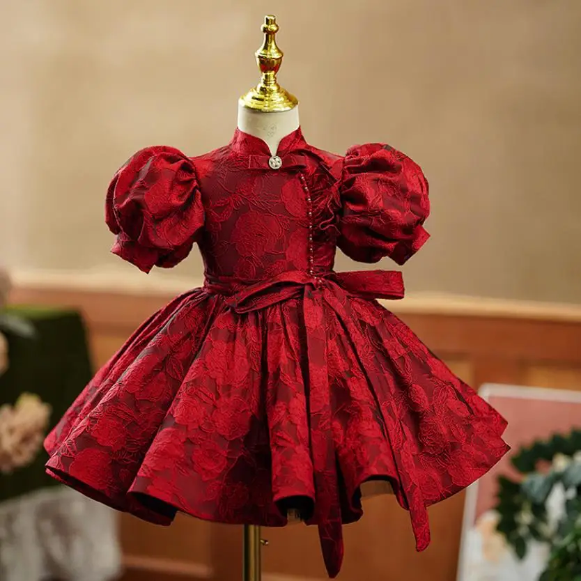Summer New Children\'s Princess Ball Gown Kids Bow Puff Sleeve Design Wedding Birthday Baptism Party Red Dresses For Eid A2051