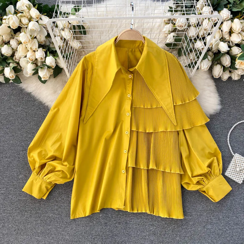 Korean Fashion Streetwear 2023 Spring and Autumn Shirt Women's Irregular Design Bubble Sleeves Hundred Ruffles Top Women