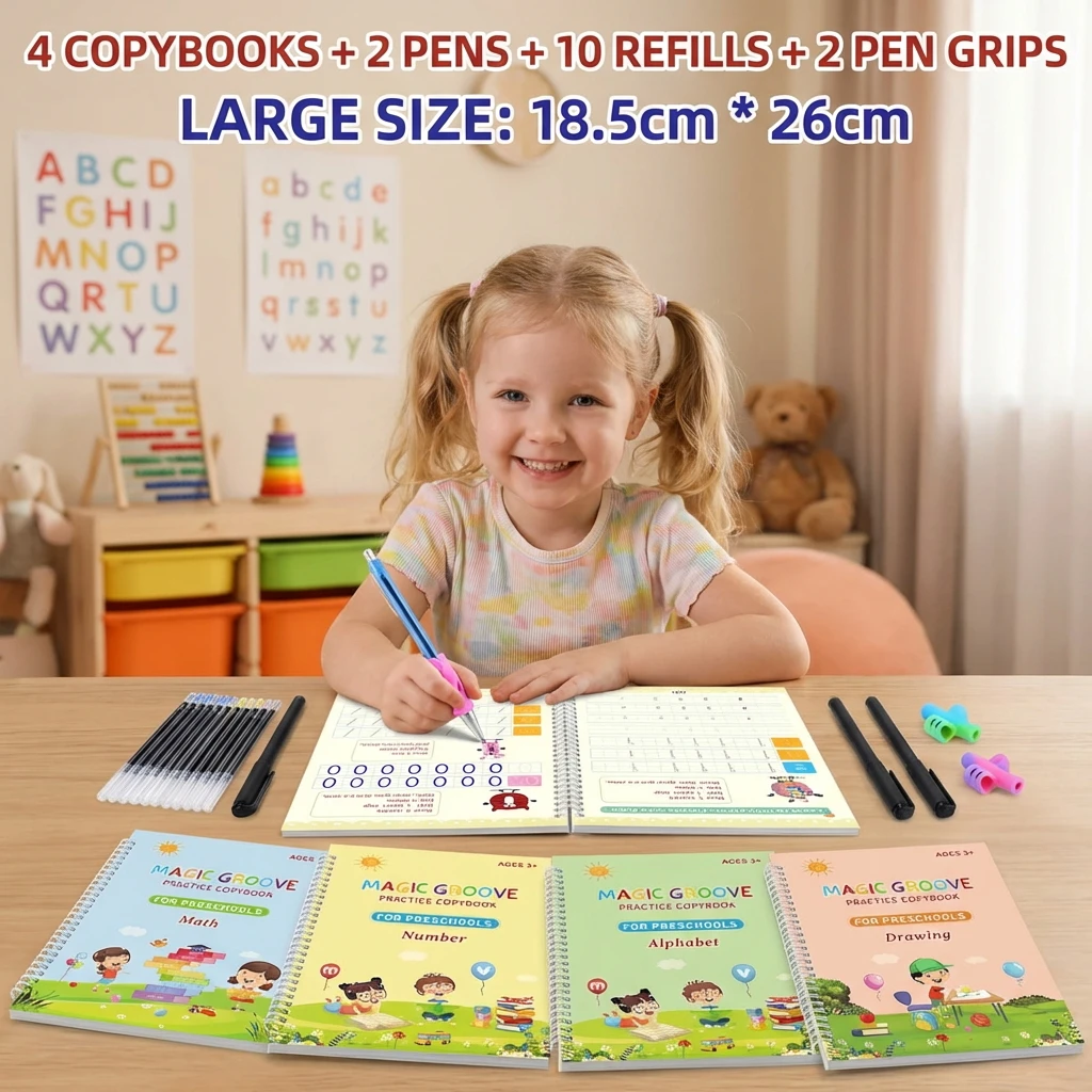 4PCS Large Size Reusable English Magic Practice Copybook for Kids | Free Wiping Calligraphy Book