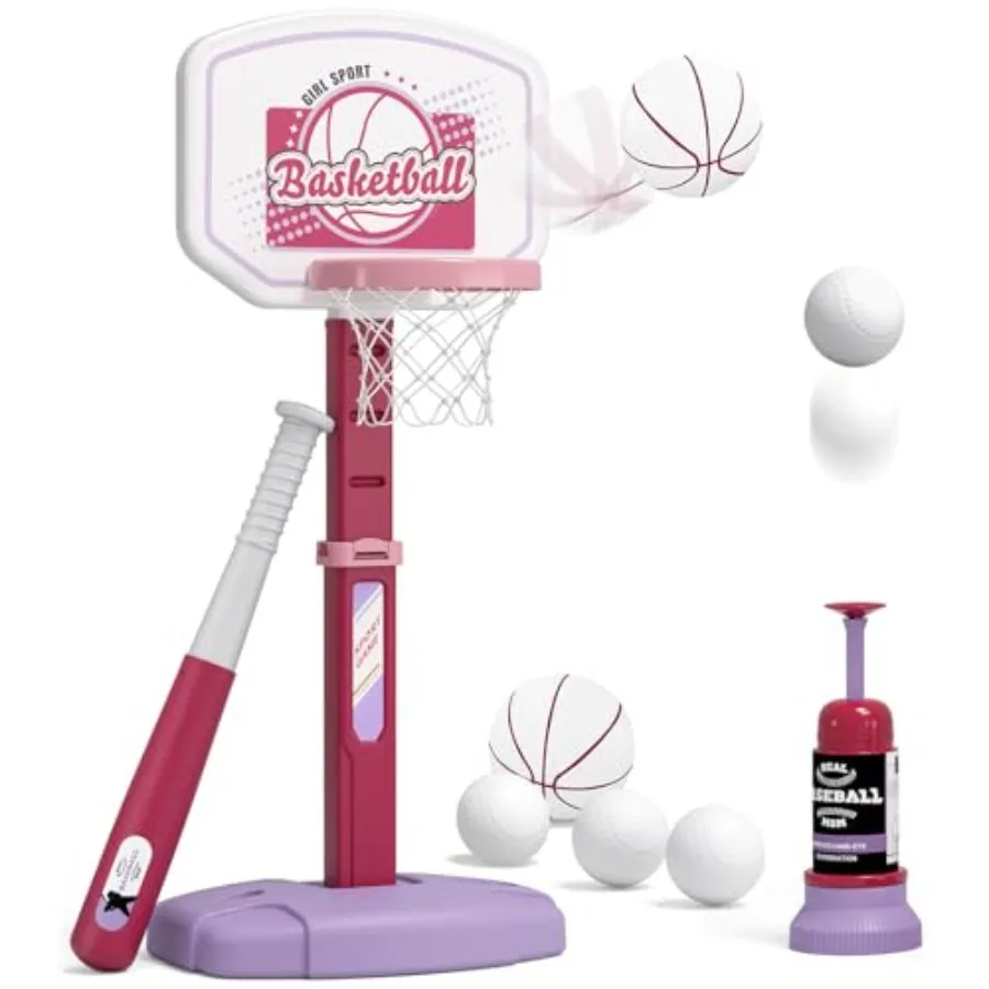 

2 in 1 Basketball Hoop and T Ball Set - Adjustable Height Baseball Tee with Automatic Pitching Machine Indoor Outdoor Sport Toy