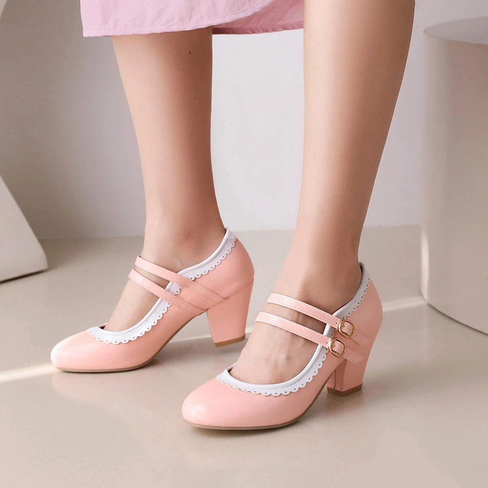 Candy Color Lolita Mary Janes Women High Heels Shoes Sweet Ruffles Dress Party Wedding Shoes Bridal Princess Plus Size 32-42