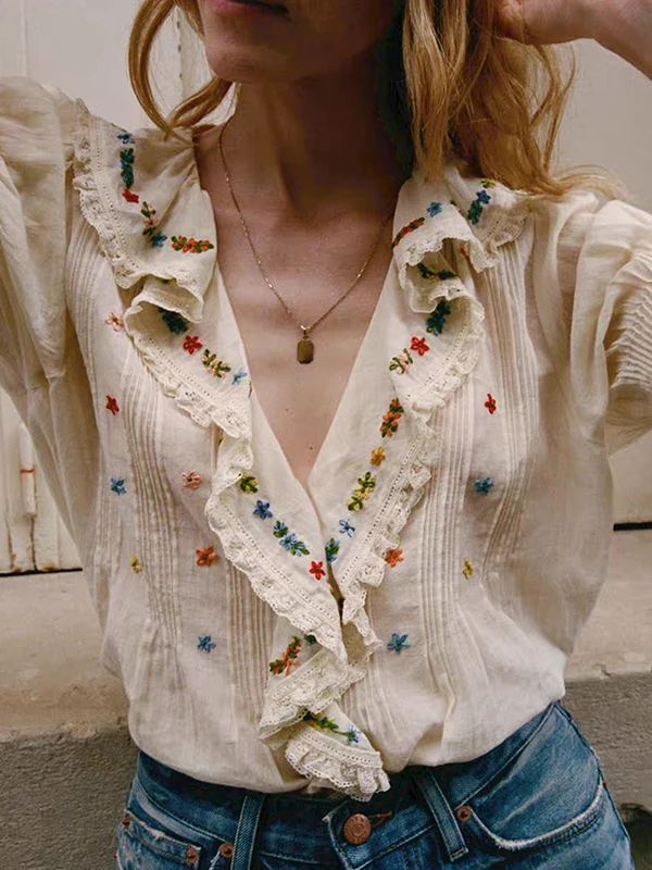 

Elegant Early Autumn Cotton Blouse with Embroidered Ruffles Deep V-Neck Bubble Sleeves Floral Pattern for Women Breathable