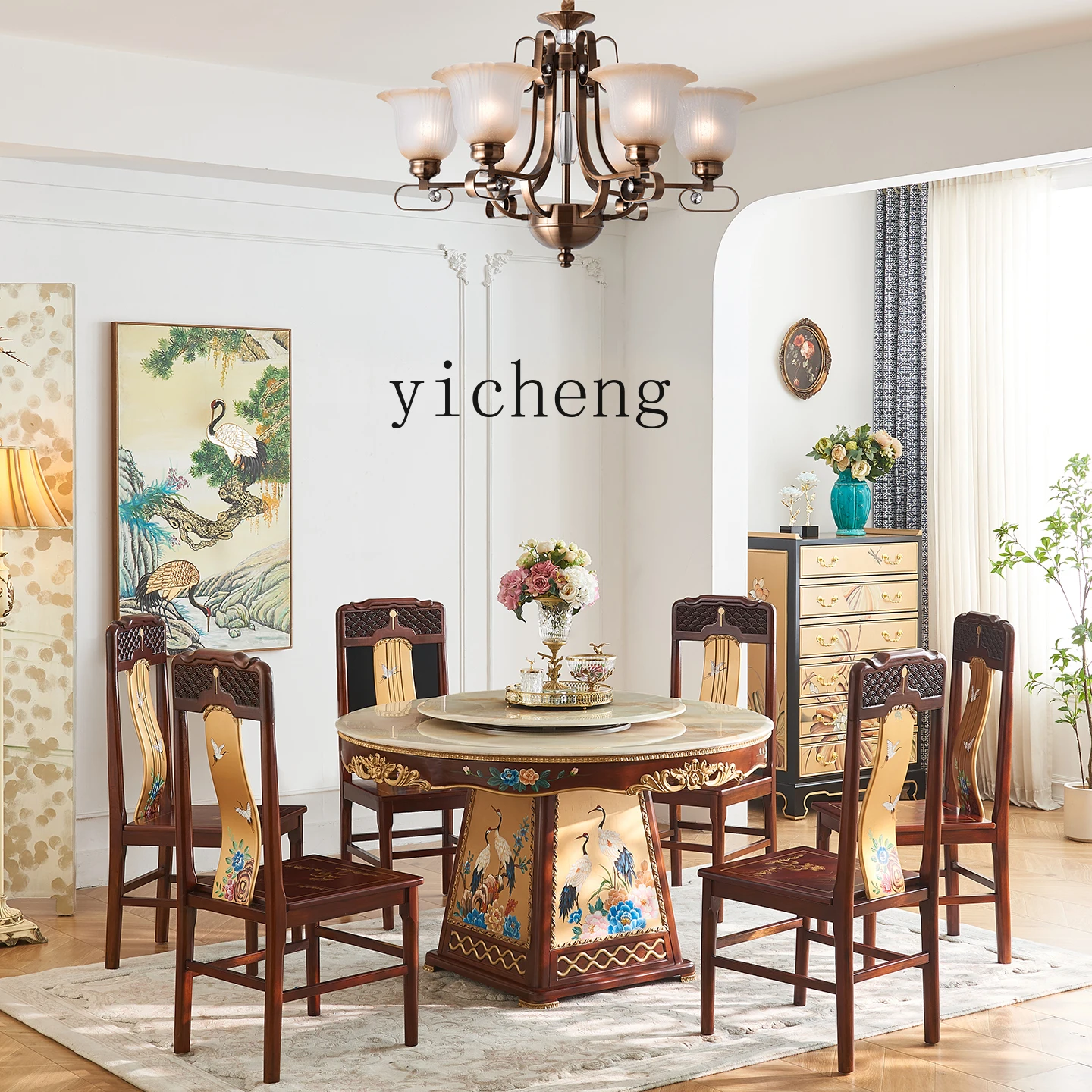 

LX Villa Solid Wood Marble Large Dining Table Round Dining Table