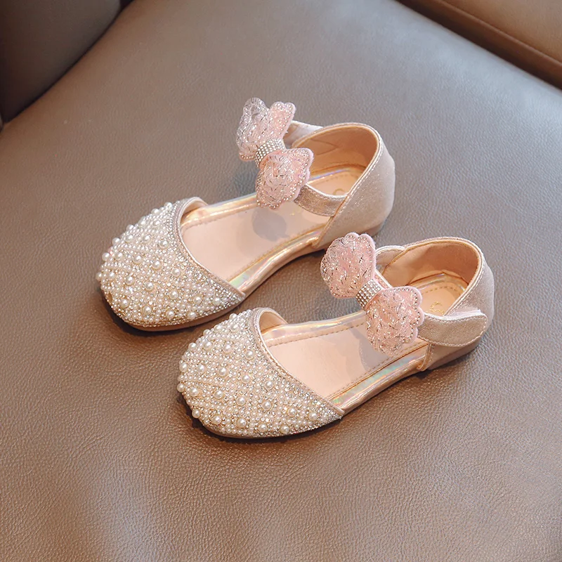 New Summer Fashionable Comfortable Casual and Elegant Beaded Bow Flat-soled Elegant Wear-resistant Girls\' Leather Shoes