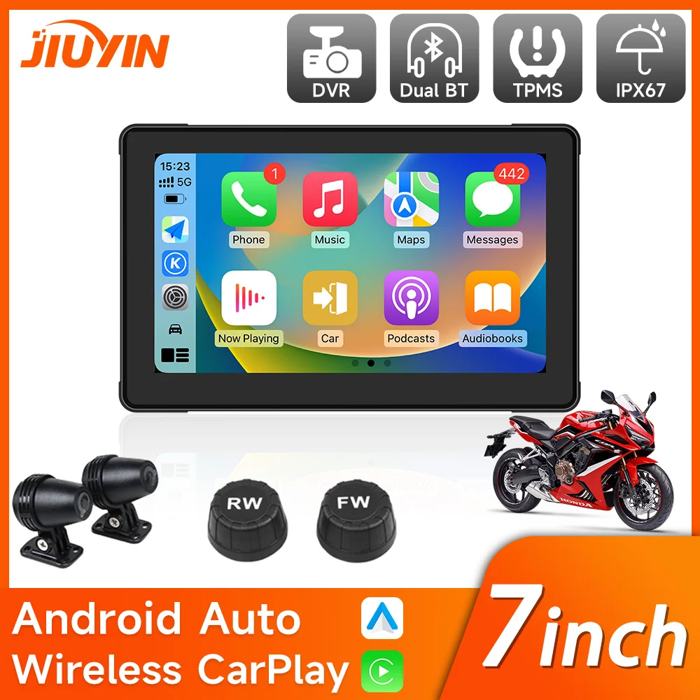 JIUYIN 7inch Motorcycle Portable Navigation GPS Screen IPX7 Waterproof Display Dual BT Wireless Apple Carplay Android Car