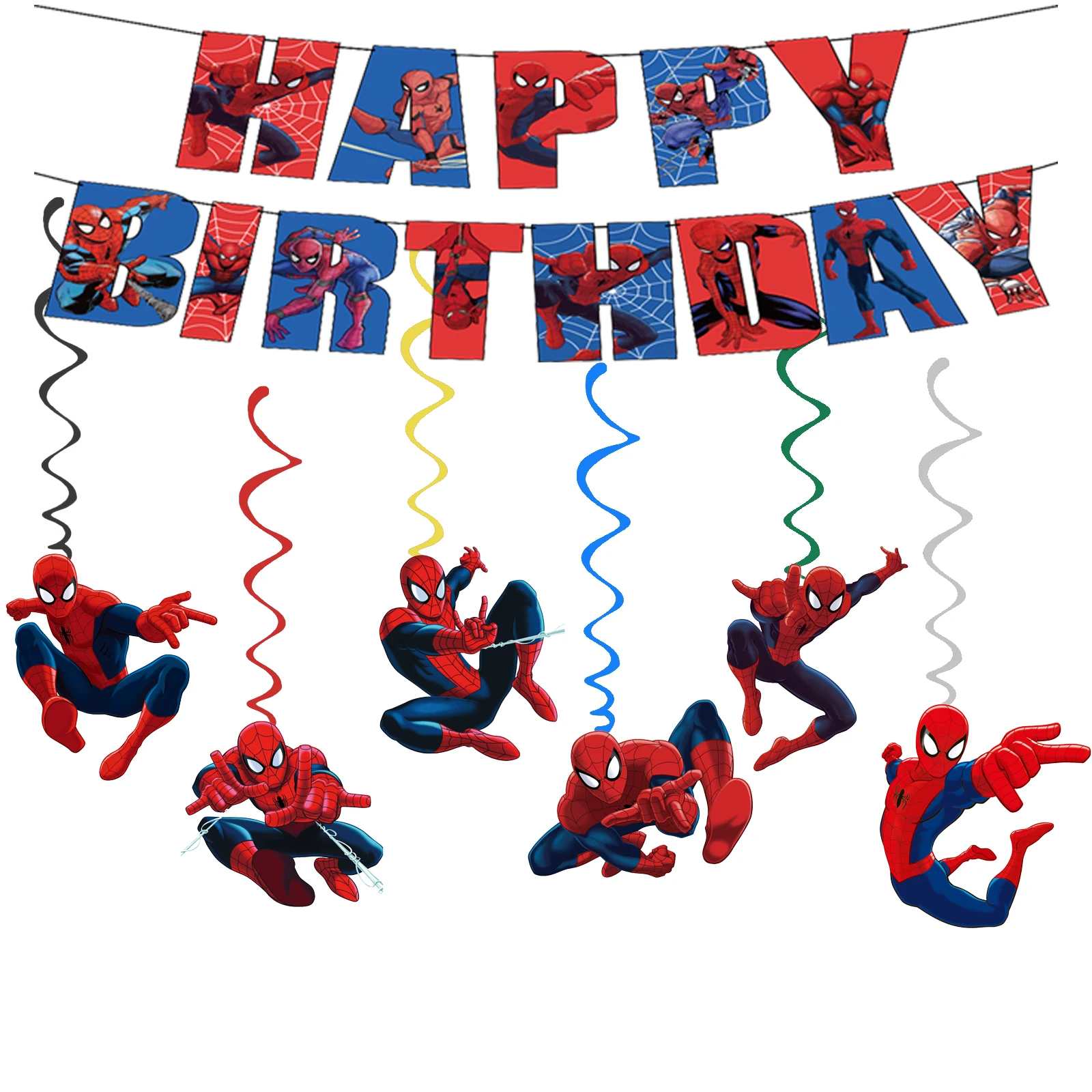 Thème Spider-Man pour enfants et filles, cadeaux tourbillons, décorations de fête pour événements d'anniversaire, spirales suspendues au plafond