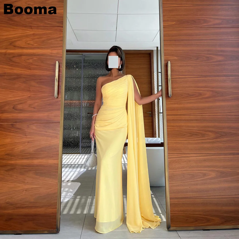 Booma Yellow Chiffon Mermaid Evening Dresses One Shoulder Cape Special Party Prom Gowns Saudi Arabia Formal Occasion Dresses