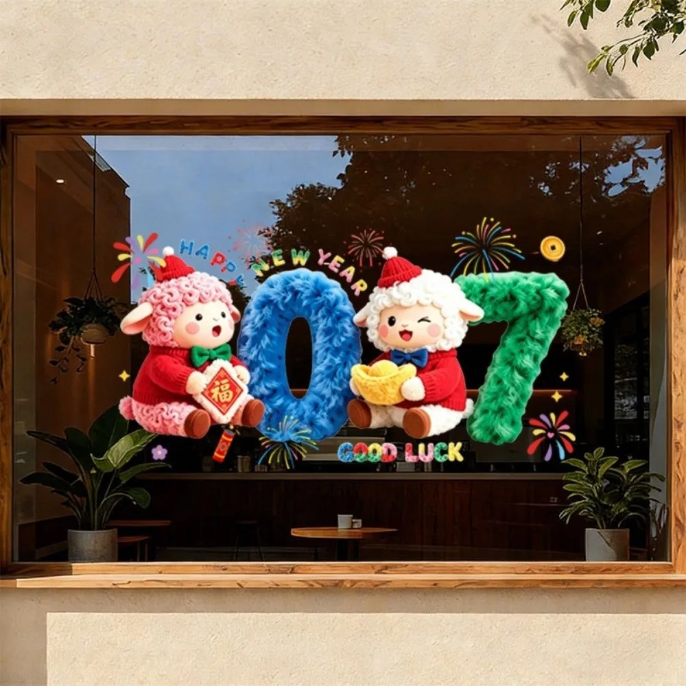 Colorful Happy New Year Window Stickers Large Size 2D Flat Print 2027 Sheep Year Stickers Waterproof Transparent