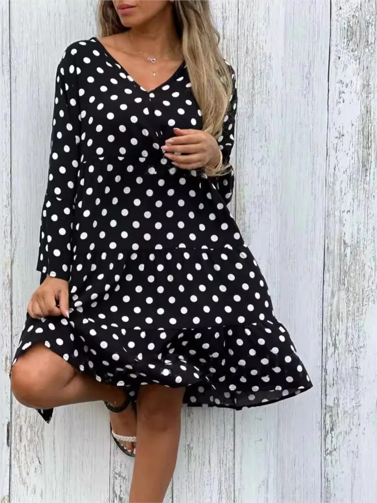 2024 Spring Women's New Fashion Wave Dot Printed Sexy V-neck Long Sleeve Short Casual Long Sleeve Dress