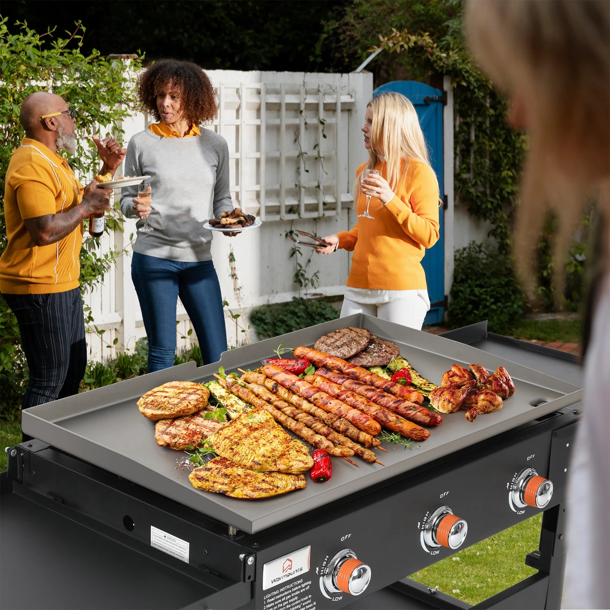 32'' BBQ Grill with 4 Wheel 3 Burners Tissue Hook Propane Gas Griddle Foldable Portable Flat Top Camping Household Griddle Grill