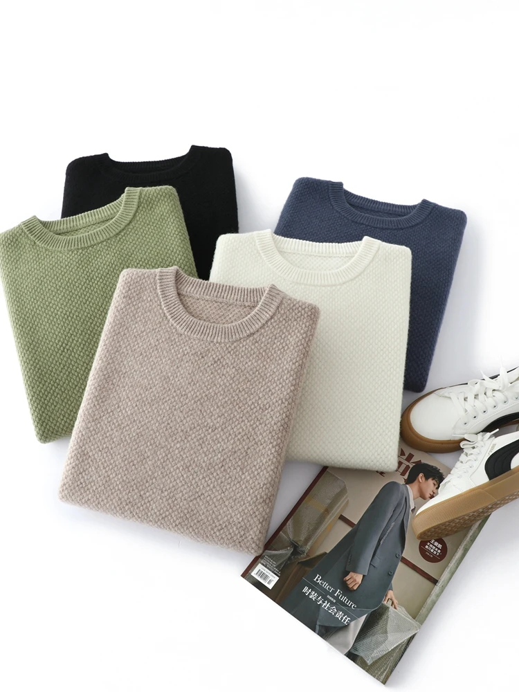

Man Basics O-Neck Sweater Solid Color 100% Merino Wool Knitwear Autumn Winter Cable Stitch Thick Soft Warm Pullover Casual Loose