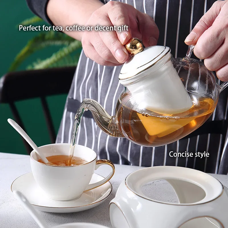 Gold White Ceramic Tea Set British Porcelain Cup Pot with Candler Strainer Floral Glass Teapot Ceremony Teaware Teacup