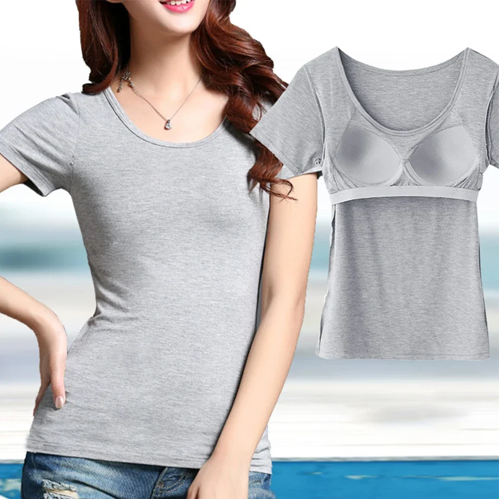 Women Autumn Short Sleeve Tops With Built In Bra Push Up Padded Layer Solid Slim Fitting Tees Ladies Round Neck Elastic T-Shirt