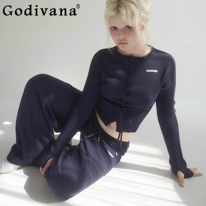 

Весенне-осенний модный повседневный вязаный костюм, вязаный кардиган в японском стиле с широкими брюками, комплект женских комплектов из двух предметов