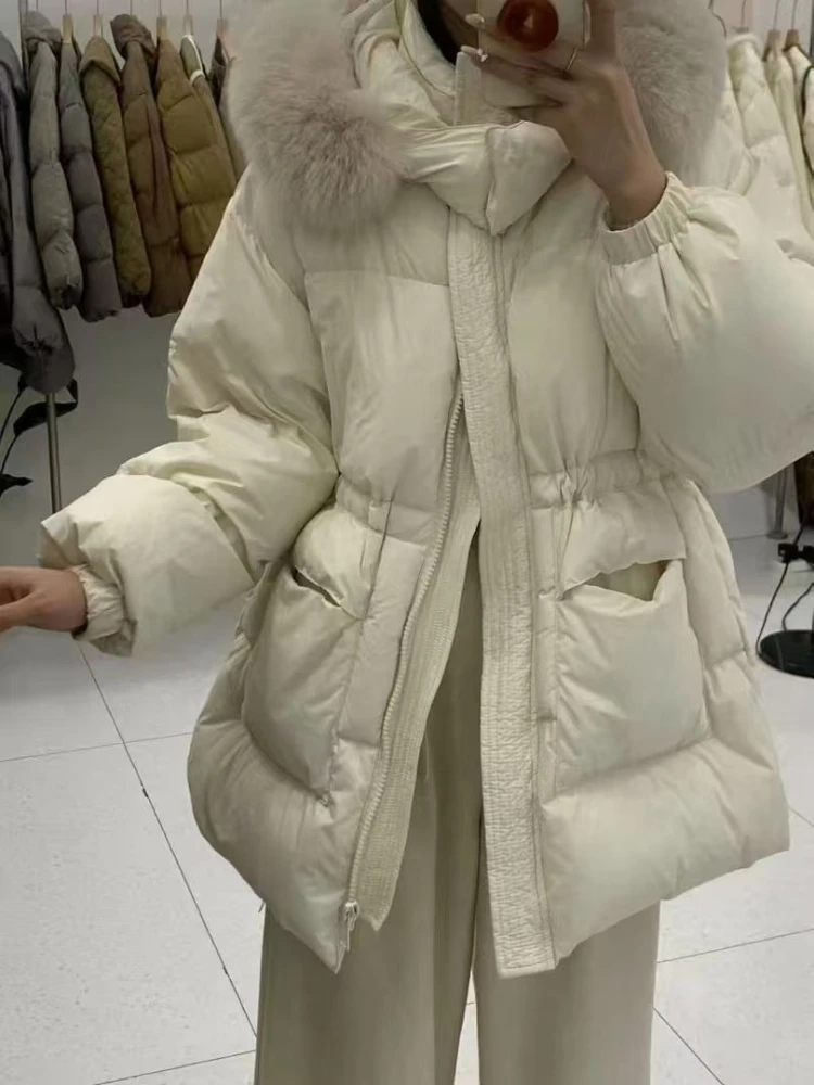 Średniej długości kurtka puchowa z kapturem, puszysta, nowa kolekcja zimowa 2025, parki damskie, gruba, ciepła, płaszcz z 90% białego puchu kaczego, odzież wierzchnia.