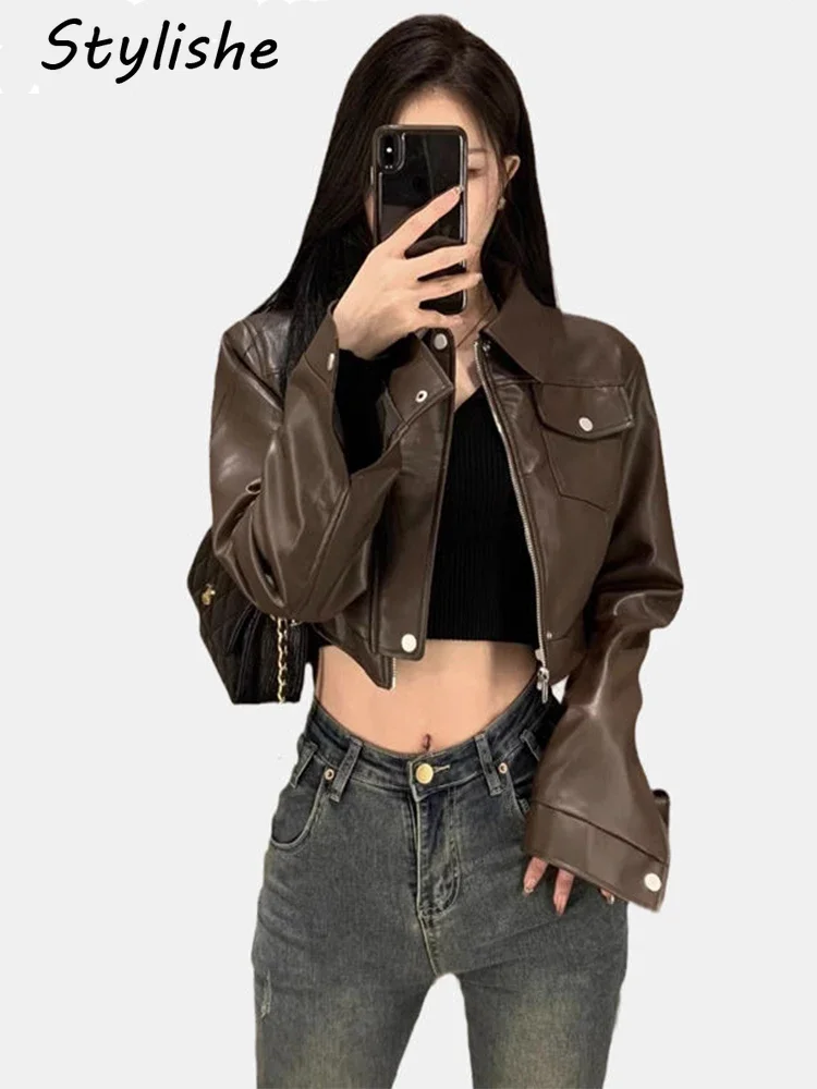 Stylishe Y2K Cropped PU Leather Jacket Women Zipper Motorcycle Biker Female Brown Jackets Streetwear Women's Faux Leather Coats