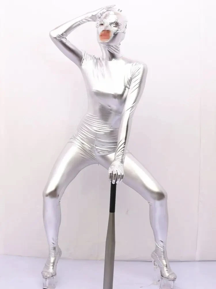 

PU Leather Catsuit Fingers Hooded Cosplay Bodystocking Zipper Open Crotch Bodysuit Tights Zentai Leotard Conjoined Jumpsuit Body