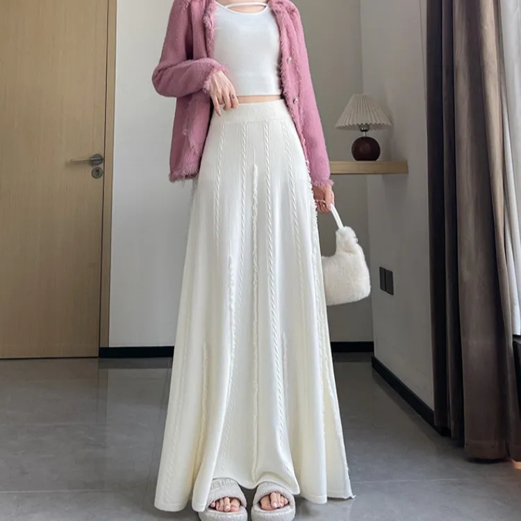 

Fried Dough Twists Knitted Skirt Women's Autumn and Winter High Waist Draping Pleated Fringe Big Swing Skirt