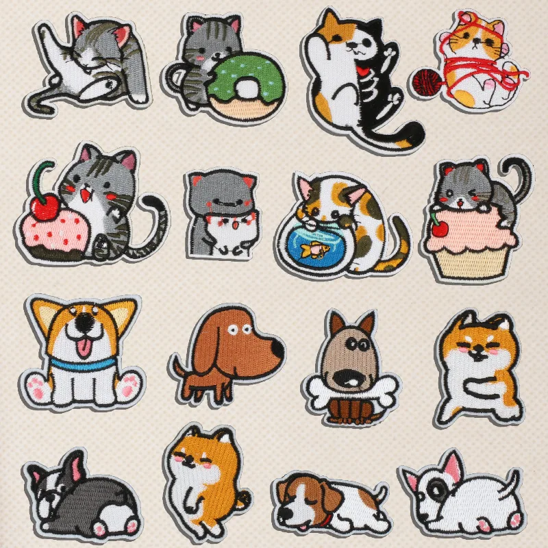 Pet Cartoon Cat and Dog Patch Embroidery Stickers Cute Cats Fusible Embroidery Patch Clothes Hats Shoes Iron-on Patches Stickers