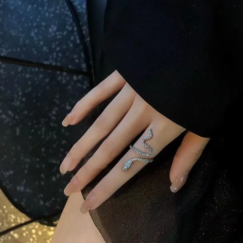 Sliver Color Micro-Inlaid Zircon Snake Ring Finger Ring Fashion Punk Boy Girl Birthday Onia Snake Ring Personality Jewelry Gift