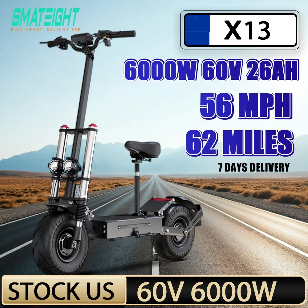 

X13 Electric Scooter 6000W Motor 60V Battery E-Scooter 13'' Tubeless Tires Foldable Electric Scooters Hydraulic Shock Absorption