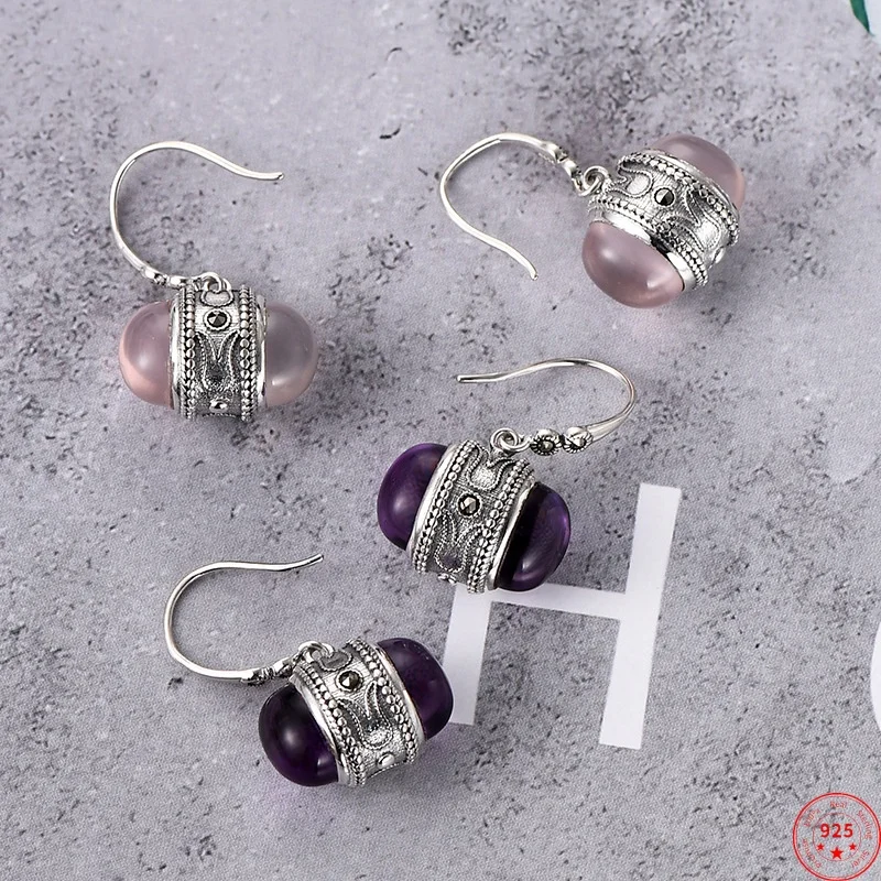 

S925 Sterling Silver Charms Drop Earrings for Women New Fashion Emboss Pattern Amethyst Pink Crystal Ear Drop Free Shipping