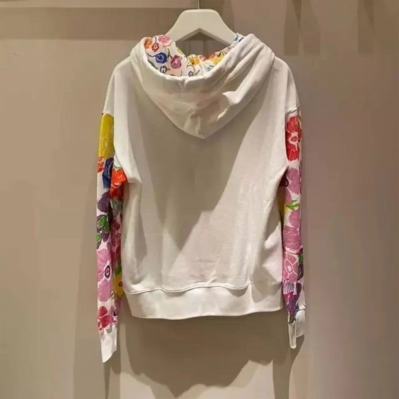 Sudadera de retazos con estampado de flores para mujer, ropa de calle con capucha de Color, jerséis con bolsillo de moda con cordón, primavera y