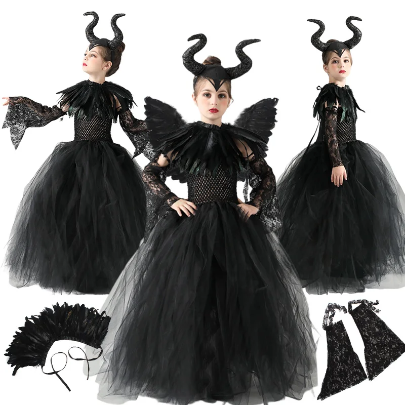 

Carnival Maleficent Costume for Girl Cosplay Tutu Evil Queen Black Mesh Princess Dress Children Raven Wand Demonic Witch Clothes