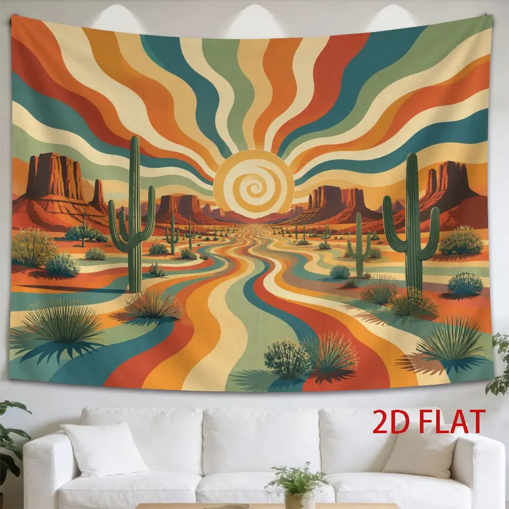 Trippy Western Desert Tapestry, Saguaro Cactus & Swirling Sun, Vintage Color Art Wall Hanging for Living Room Home Decorations