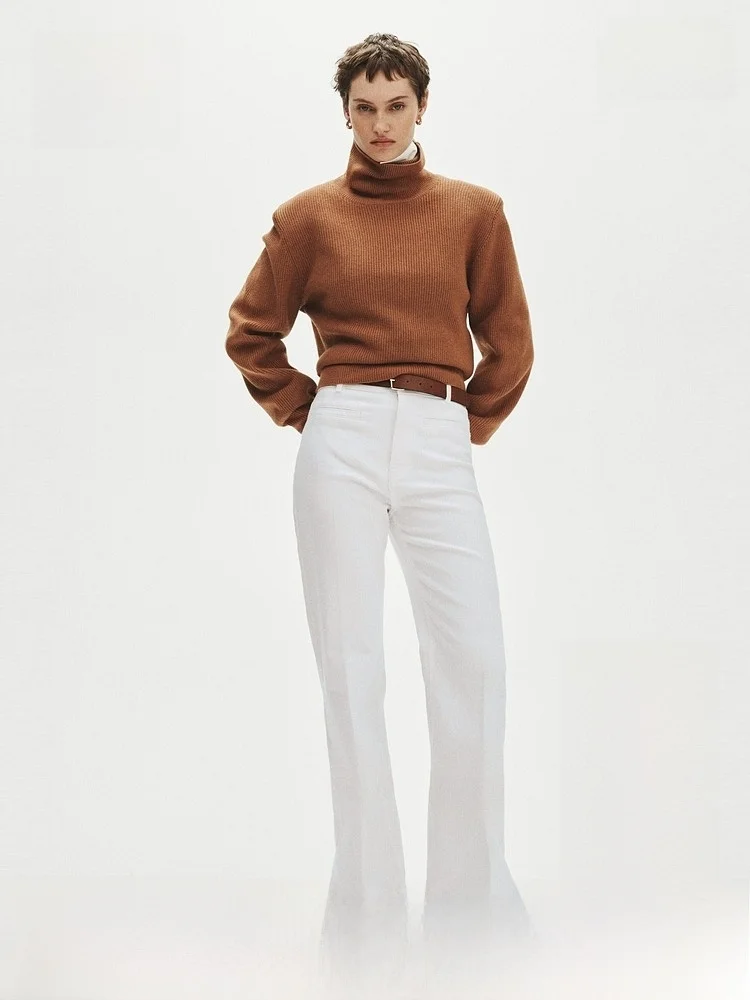 Spring New Women's High Waist Flared Pants Diagonal Pattern Casual Cotton Blend Elastic Fiber Ladies Faion H&M 34903